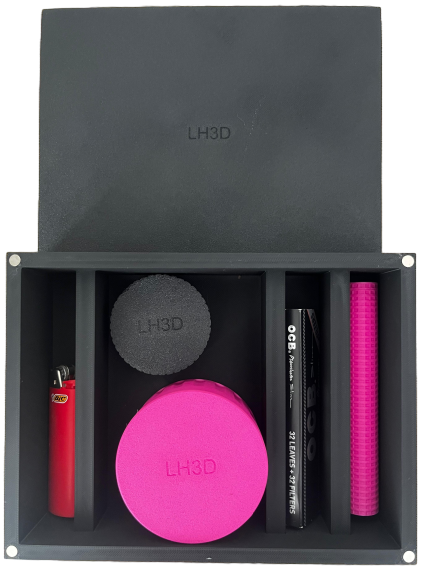 LH3D organizer kit open box with grinder, jar, storage tube, lighter and rolling paper compartments